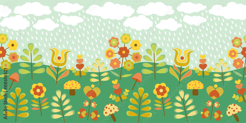 Cute vintage seamless border with rainy countryside