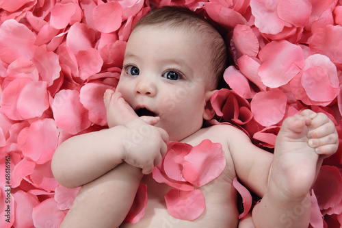 Fototapeta Bambina su petali rosa