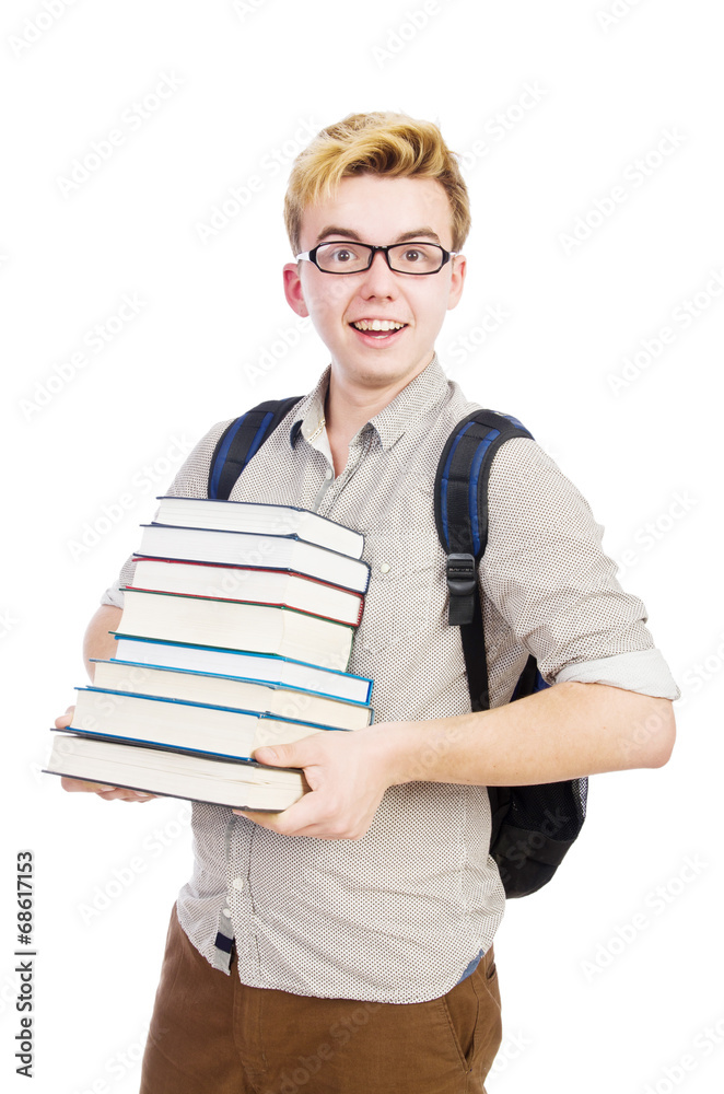Funny student with stack of books Funny student with stack of books