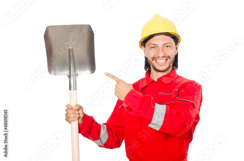 Man in red coveralls with spade