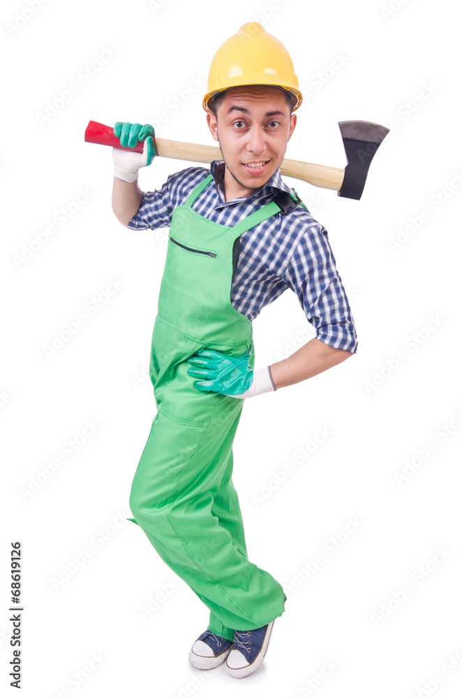 Funny man with axe isolated on white Funny man with axe isolated on white