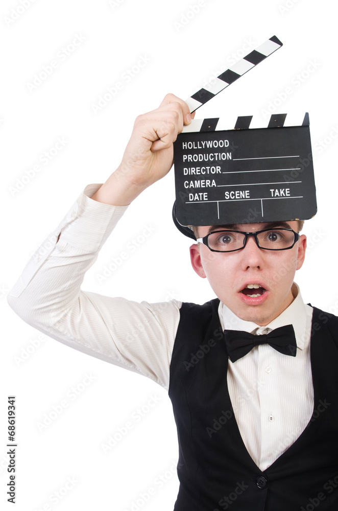 Funny man with movie clapper clapboard Funny man with movie clapper clapboard