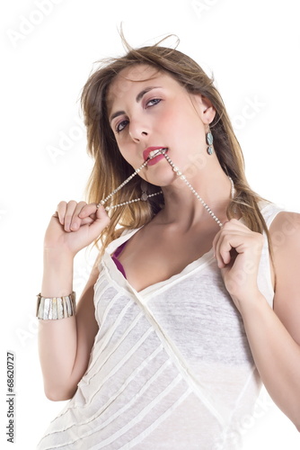 Woman Holding Necklace In To The Mouth