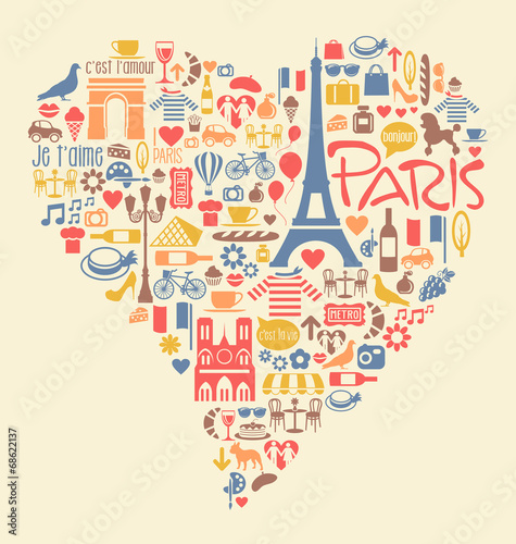 Paris France Icons Landmarks attractions in heart shape