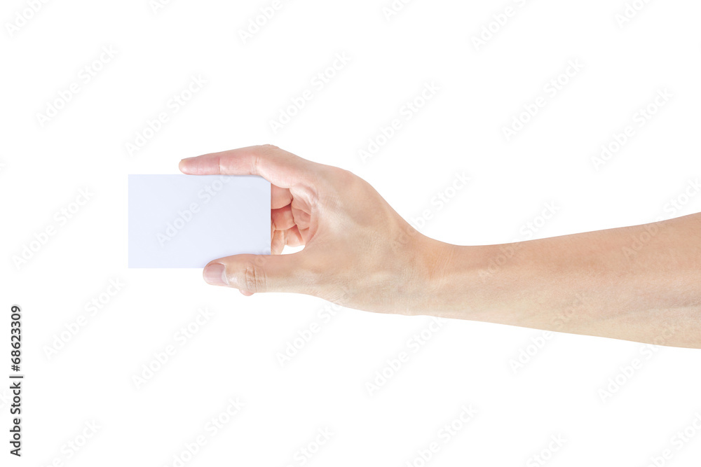 Hand with blank name card isolated in white background Hand with blank name card isolated in white background