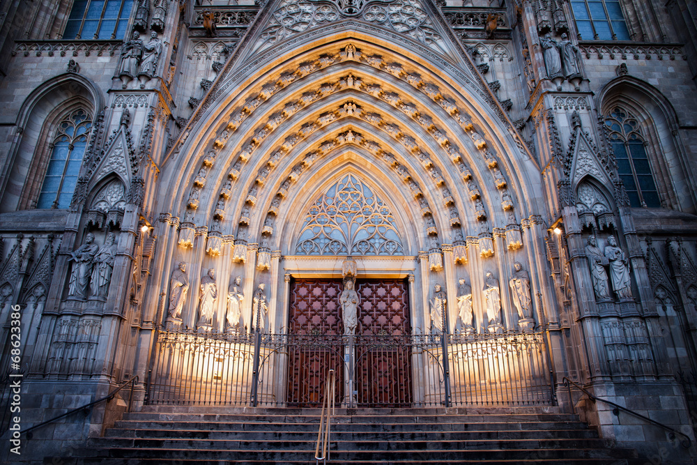 Entrance to the Barcelona Cathedral at Night
