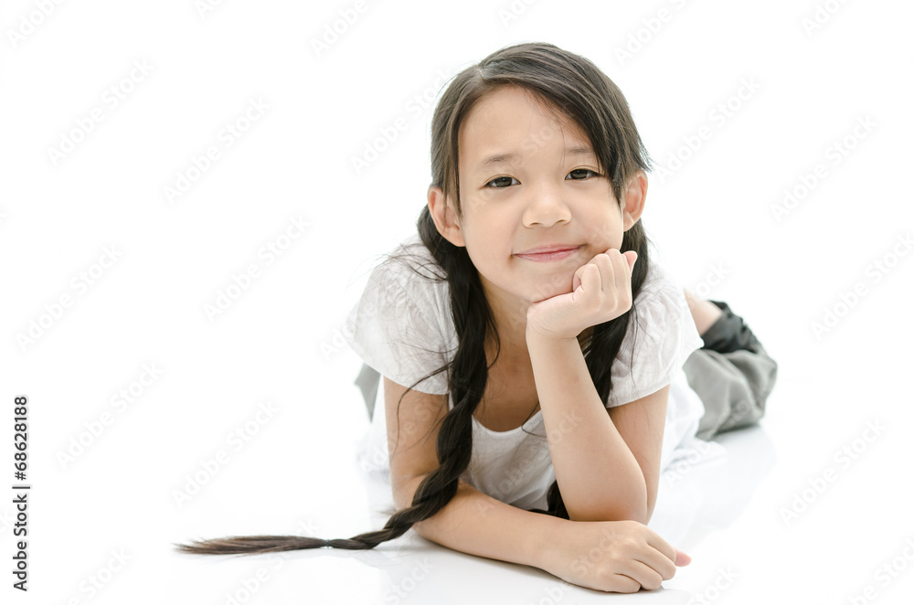 Little cute asian girl resting chin by hand Little cute asian girl resting chin by hand