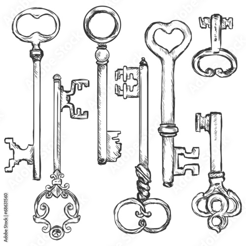 Vector Set of Sketch Antique Keys.
