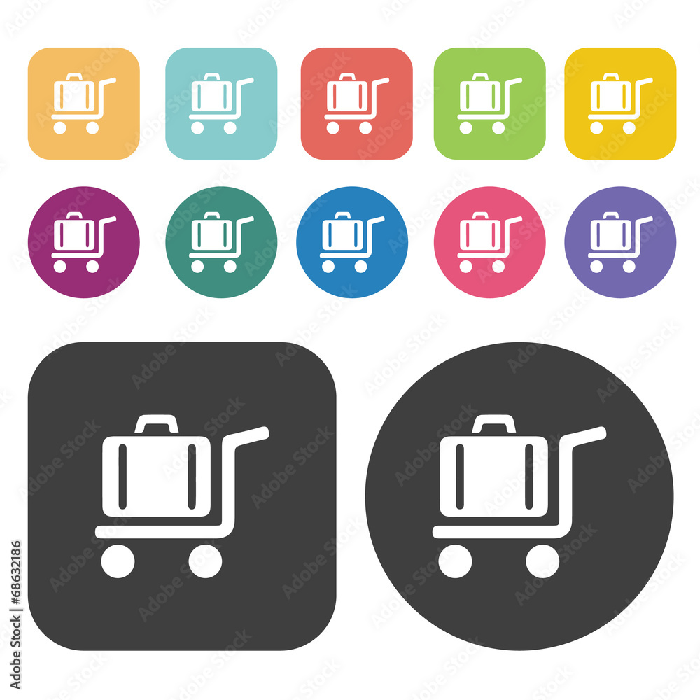 Hotel baggage cart icon set. Round and rectangle colourful 12 bu Hotel baggage cart icon set. Round and rectangle colourful 12 bu