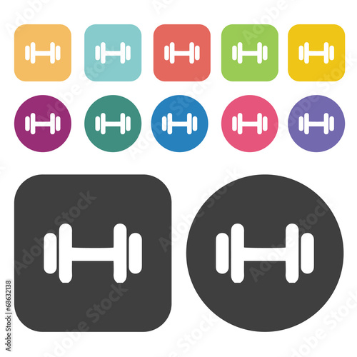 Dumbbels icons set. Round and rectangle colourful 12 buttons.