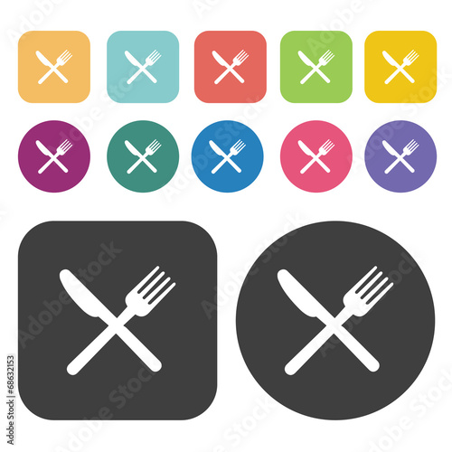 crossed fork over knife icon set. Round and rectangle colourful