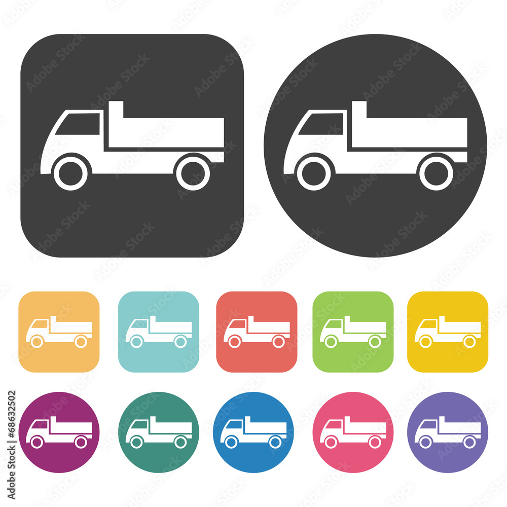 Truck icons set. Round and rectangle colourful 12 buttons. Truck icons set. Round and rectangle colourful 12 buttons.