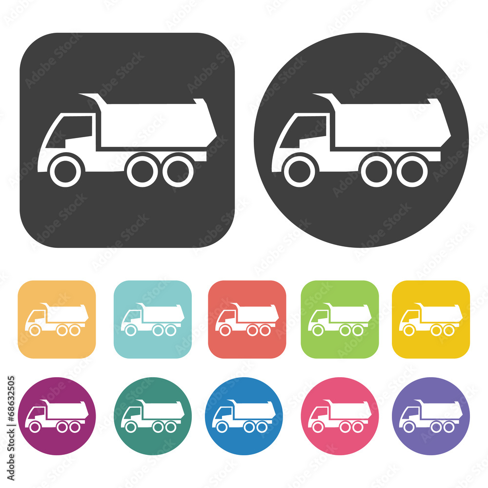 Dump truck icons set. Round and rectangle colourful 12 buttons. Dump truck icons set. Round and rectangle colourful 12 buttons.
