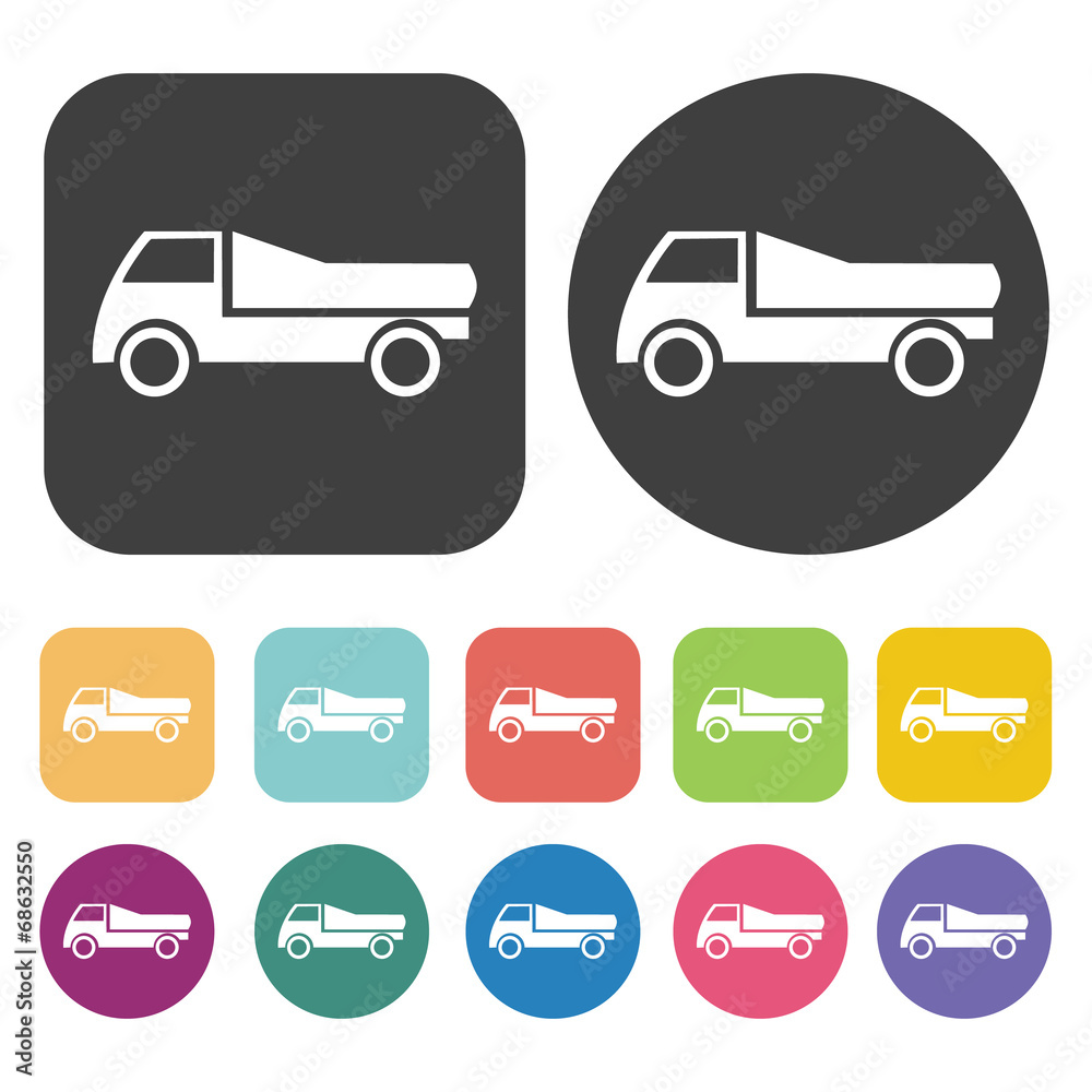 Concrete mixer truck icons set. Round and rectangle colourful 12 Concrete mixer truck icons set. Round and rectangle colourful 12