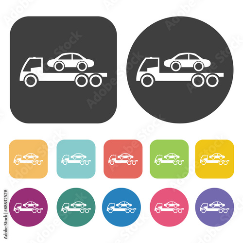 Car towing truck icon. Round and rectangle colourful 12 buttons.
