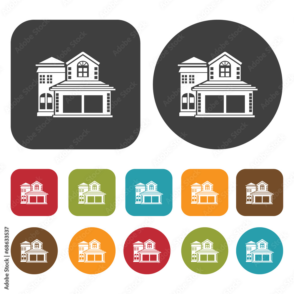 Houses and Building icons set. Real estate. Round and rectangle