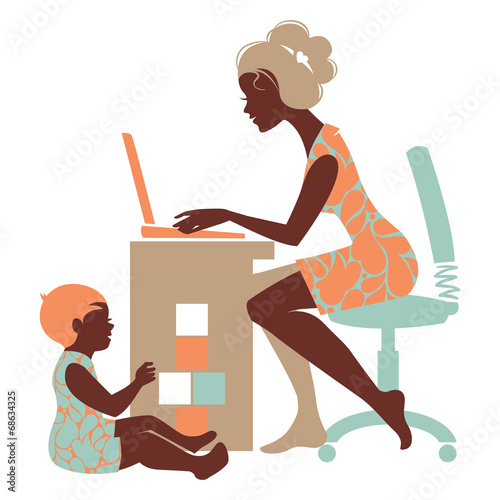 Beautiful silhouette of mother freelancer with notebook