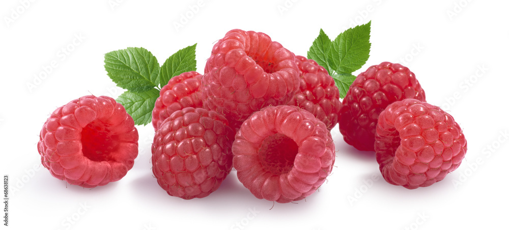Raspberry horizontal set with leaves isolated on white backgroun Raspberry horizontal set with leaves isolated on white backgroun