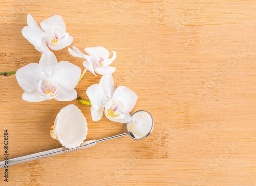 Fototapeta Naklejka Na Ścianę i Meble -  Dentistry Concept  with white orchid, shell and dental tools