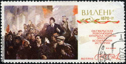 Stamp shows Conversation with V.I. Lenin, by V. A. Serov