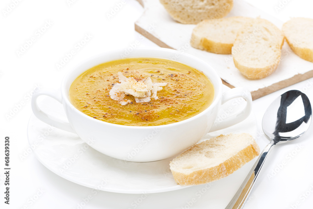 cream soup of yellow lentils with bread, isolated cream soup of yellow lentils with bread, isolated