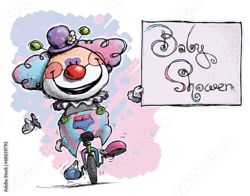 Clown on Unicyle Holding a Baby Shower Card