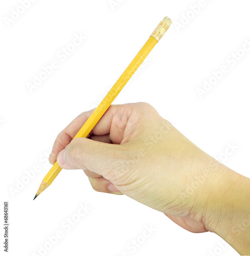 hand holding pencil on white background