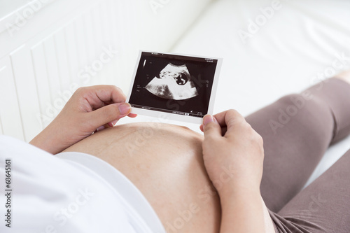 Pregnant belly with ultrasound photo