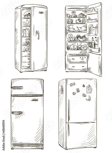 set of four hand drawn fridges. open fridge with healthy food.