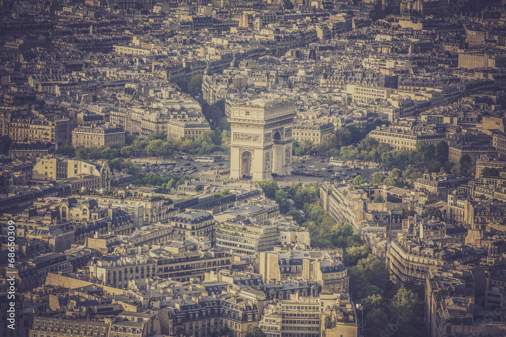 Arch of Triumph vintage aerial view in  Paris