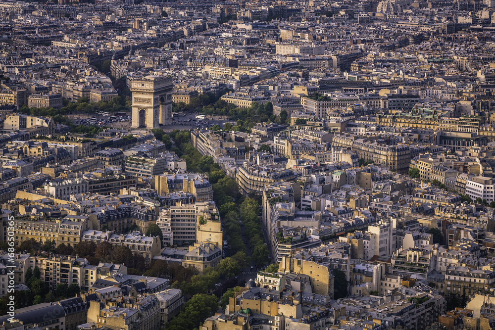 Arch of Triumph sunset aerial view in  Paris