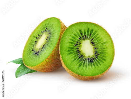 Isolated kiwi. One kiwi fruit cut in halves isolated on white background with clipping path