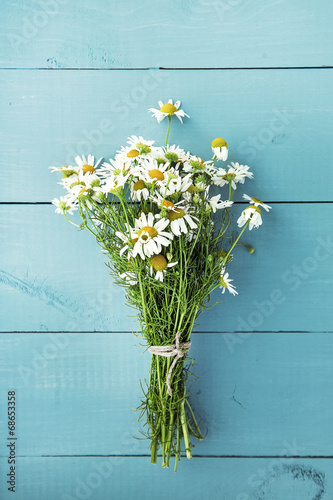 summer bouquet of chamomile on the old blue wooden background