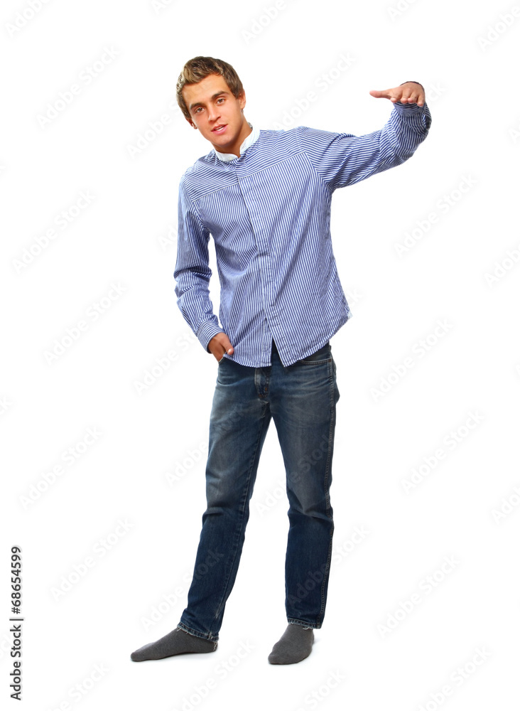 Fototapeta premium Full-length portrait of a young college guy, isolated on white