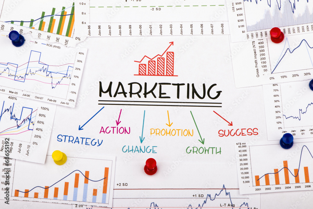 marketing concept with financial graph and chart - obrazy, fototapety, plakaty 