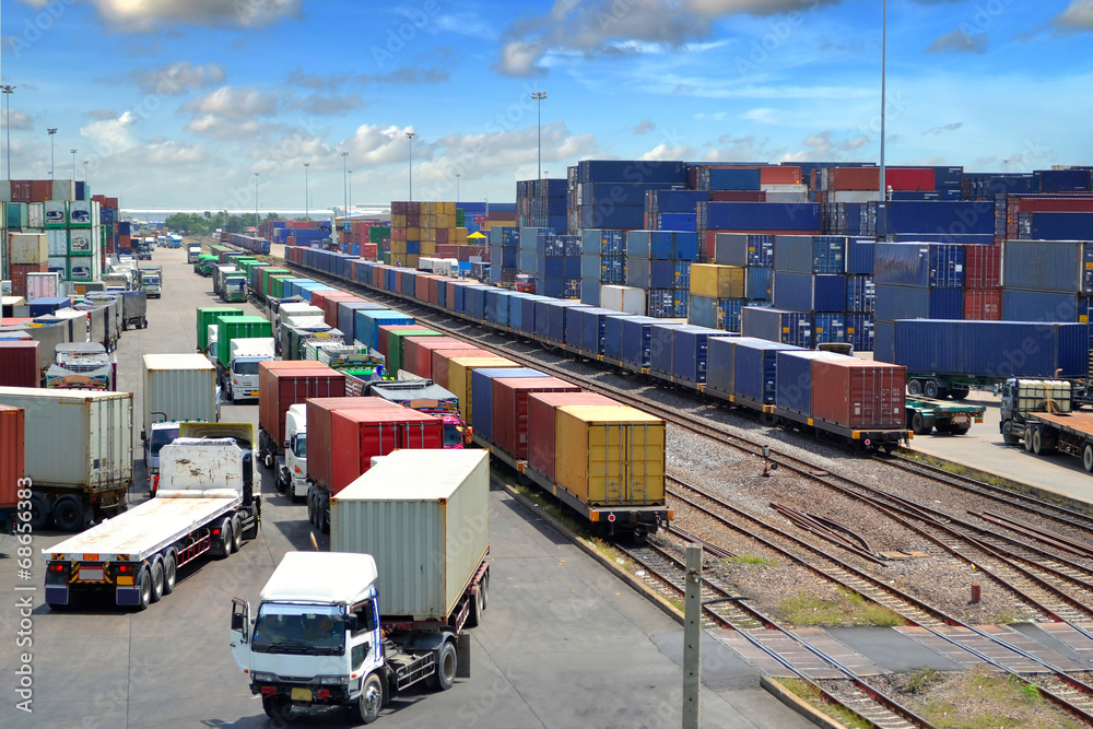 container yard, rail transport in thailand - obrazy, fototapety, plakaty 
