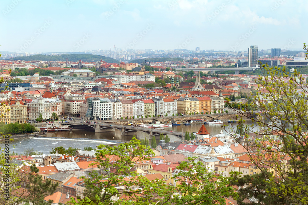 The view of Jiraskuv bridge and Vltava river in Prague