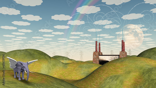 Foto Fantasy Landscape with Winged Elephant