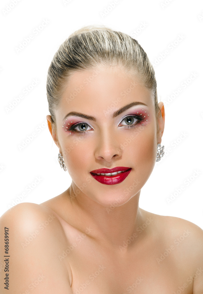 Model face, lips make-up, earring Model face, lips make-up, earring