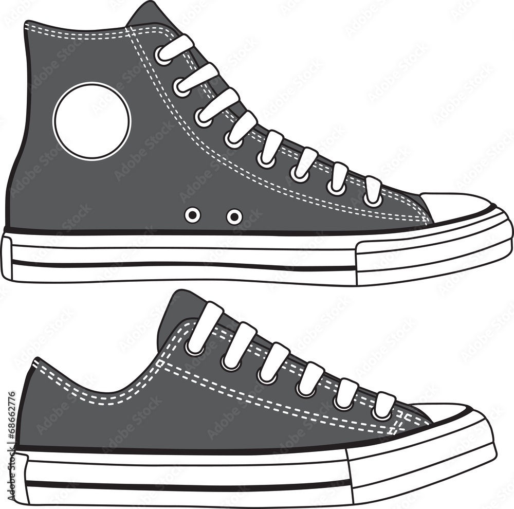 Set of high and low sneakers drawn. Vector - obrazy, fototapety, plakaty 
