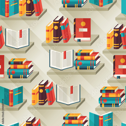 Seamless pattern with books on bookshelves in flat design style.