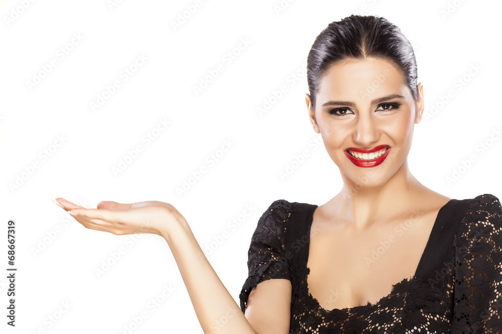smiling girl holding imaginary object on white background smiling girl holding imaginary object on white background