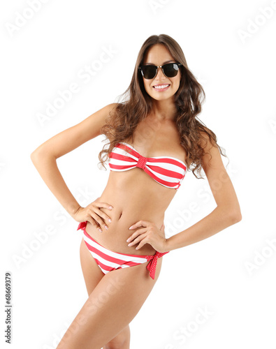 Beautiful young woman in striped swimsuit isolated on white © Africa Studio