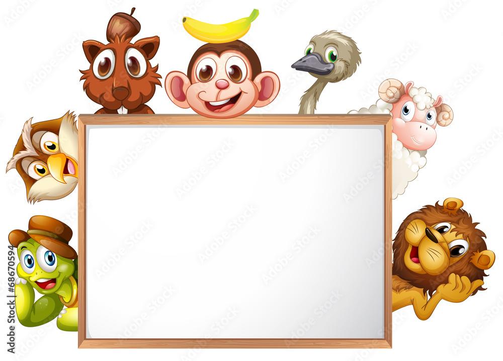 Fototapeta premium An empty signboard surrounded with animals