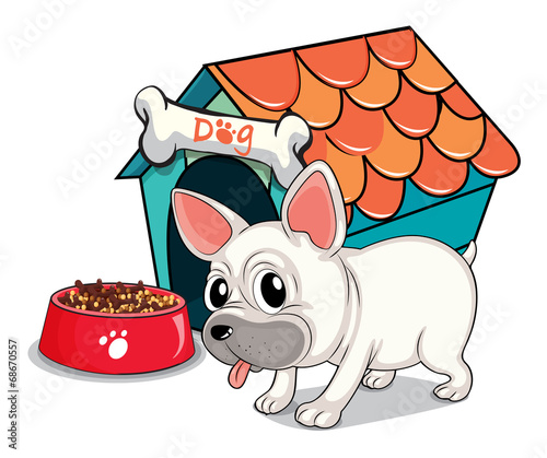 A cute bulldog outside the doghouse