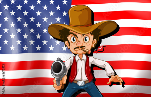 A cowboy in front of the USA flag