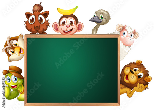 A blackboard surrounded with animals