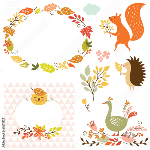 set of cartoon characters and autumn elements