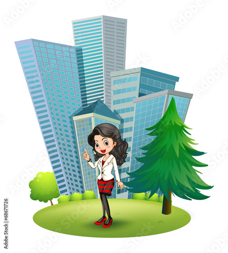 A woman outside the big buildings