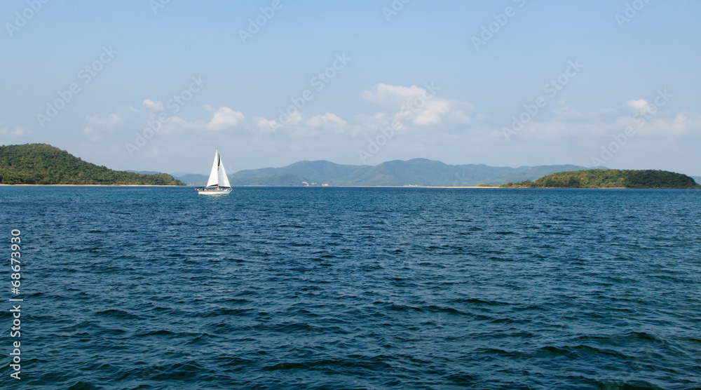яхта плывет на фоне островов
